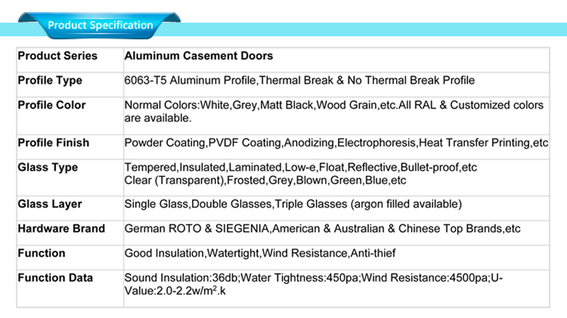 Outside exterior glass aluminium casement doors